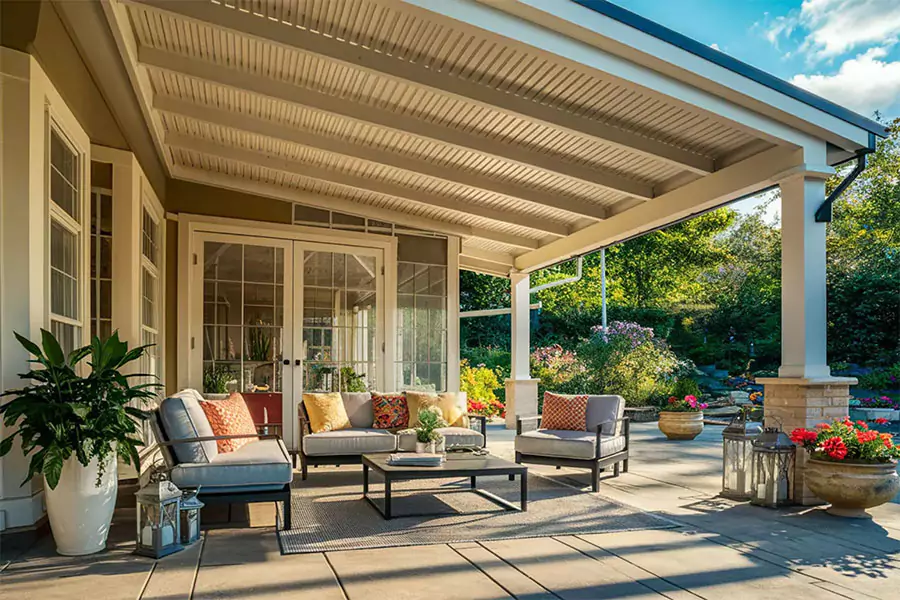Beautiful covered patio with outdoor seating, colorful cushions, and garden views, showcasing a stylish and cozy outdoor living space.