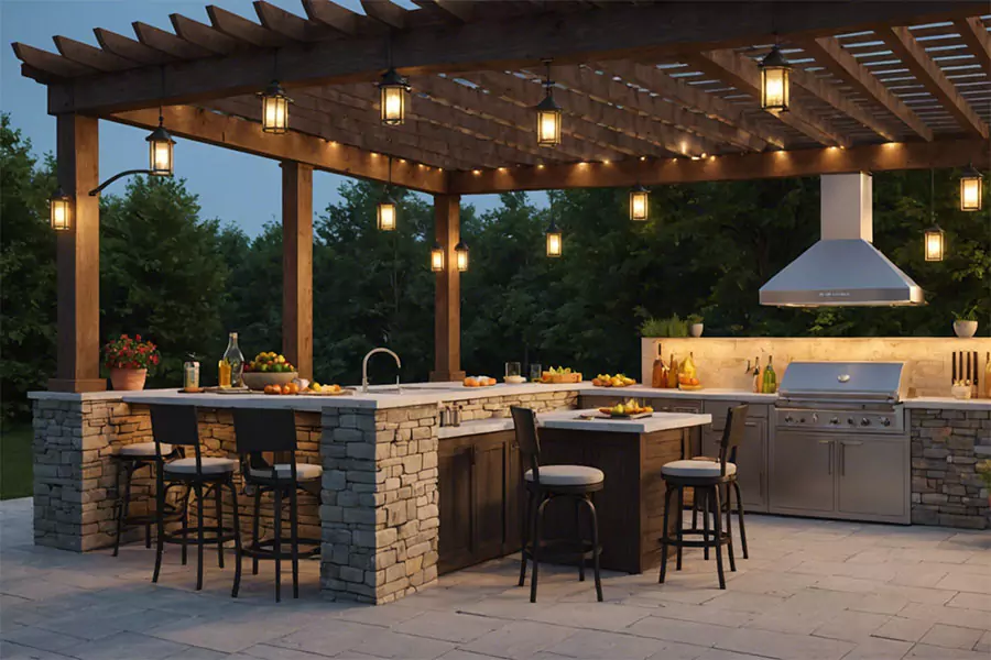 Beautiful outdoor kitchen with a stone bar, built-in grill, and wooden pergola adorned with hanging lantern lights, showcasing weather-resistant seating options ideal for Frisco, TX climates.