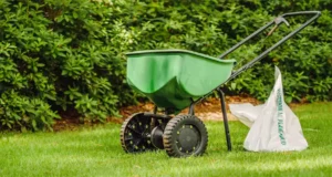 Lawn fertilizer spreader and bag of grass seed on a green lawn—illustrating essential tools for proper lawn seeding and fertilization in Prosper, North Texas