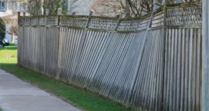Leaning wooden fence with damaged posts in a residential area, indicating potential structural issues