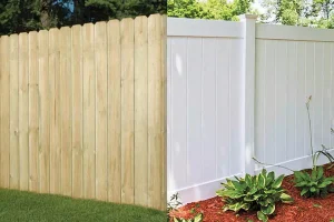 Wood and vinyl fence side by side showing maintenance results by an affordable fence company in Prosper, TX — clean, durable, and well-kept fencing