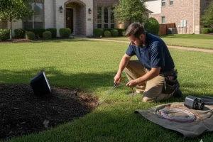 Technician repairing underground wiring for landscape lighting in McKinney TX residential front yard