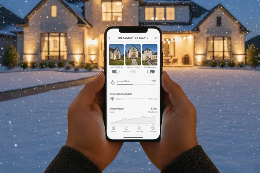 Homeowner using a smart lighting control app to manage landscape lighting during winter snowfall at a residential property in The Colony, TX, improving efficiency and energy control.