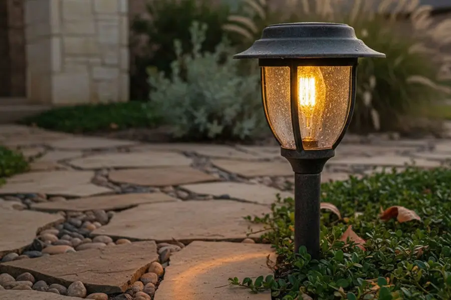 Outdoor pathway light illuminating stone walkway entrance with landscape lighting in The Colony, TX