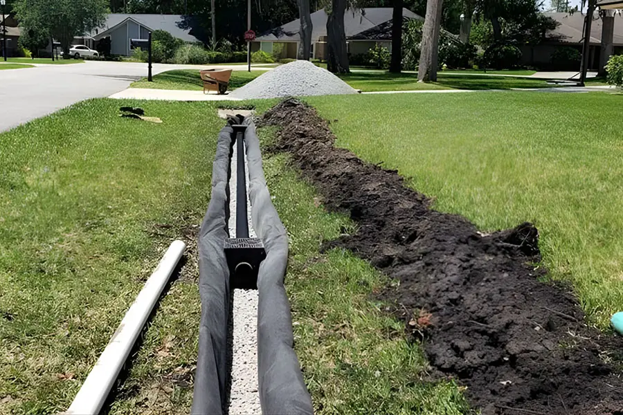 French drain installation trench with gravel and drainage pipe preventing yard water pooling and erosion in a residential lawn in Frisco, TX