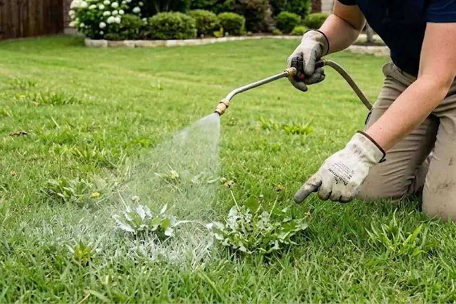A lawn care technician wearing gloves sprays weed control treatment on broadleaf weeds growing in a residential lawn, helping prevent weed growth and maintain healthy grass during early spring lawn care maintenance.