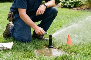 A lawn care technician kneels on grass while checking and adjusting a sprinkler head to ensure proper water coverage and irrigation system performance.