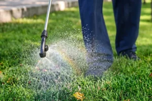 Applying weed control treatment on lawn in McKinney TX with sprayer for healthy weed-free grass and professional lawn care maintenance