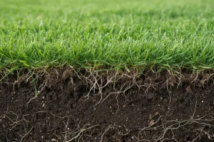 A cross-section view of a healthy lawn showing green grass above ground and a dense root system growing through rich soil, highlighting the importance of soil health and proper fertilization.