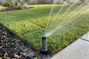 Residential sprinkler system watering newly installed sod lawn in The Colony, TX, showing proper irrigation coverage for healthy grass growth and root development