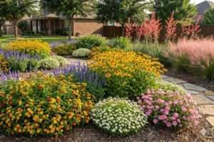 Colorful North Texas perennial flower garden in Prosper, TX featuring lantana, salvia, black-eyed Susans, ornamental grasses, and drought-tolerant landscape plants in full summer bloom