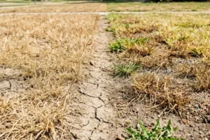 Brown dormant lawn and fertilizer burn damage on Bermuda grass caused by North Texas summer heat and drought stress