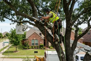 Certified arborist pruning a mature oak tree in The Colony TX to help prevent oak wilt and maintain tree health