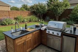A custom outdoor kitchen with a built-in grill, sink, and storage creates a functional and stylish cooking space for a small backyard.
