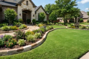 Natural stone flower bed borders surrounding a landscaped front yard in Prosper, TX, enhancing curb appeal with durable hardscape edging and colorful garden beds.