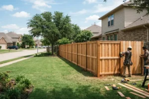 A newly installed wooden privacy fence being professionally constructed beside a residential property in Frisco, TX, showcasing durable fence installation designed to withstand changing weather conditions.