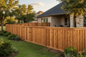 A newly installed cedar privacy fence surrounding the backyard of a residential home, providing privacy and a clean, natural appearance.