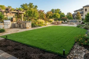 Professionally landscaped backyard with green lawn, stone patio, outdoor kitchen, garden beds, and hardscape features in Prosper, TX.