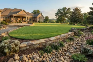 Landscaped lawn with stacked flagstone border, river rock, and large decorative boulders around a residential yard in Allens Crossroads.