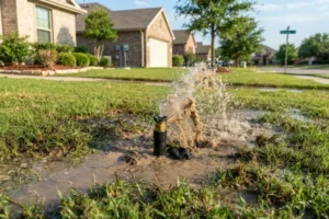 Broken sprinkler head spraying muddy water and flooding a residential front lawn