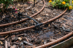 Leaking drip irrigation tubing connector pooling water in mulch near a garden bed