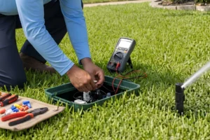 Technician using a multimeter to test irrigation controller wiring inside a sprinkler valve box on a green lawn