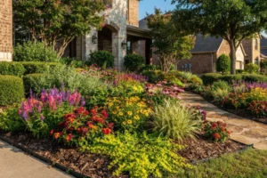 Colorful flower bed with purple, red, and yellow blooms lining a stone walkway in front of a brick and stone home