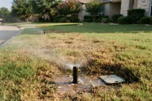 Low-pressure sprinkler head spraying weakly over a dry, patchy lawn with standing water in The Colony, TX.