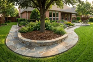 Beautiful Prosper, TX front yard featuring curved natural stone borders, a flagstone walkway, colorful flower beds, and professionally landscaped greenery.