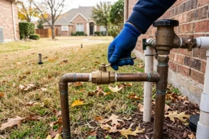 Technician wearing blue gloves shutting off an outdoor irrigation valve beside a Plano, TX home to prepare sprinkler pipes for winter freezing temperatures.