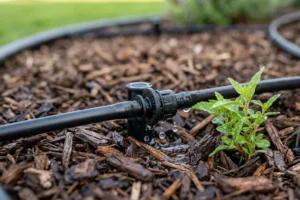 Black drip irrigation line with a connector leaking water drops onto wood mulch beside a small green plant
